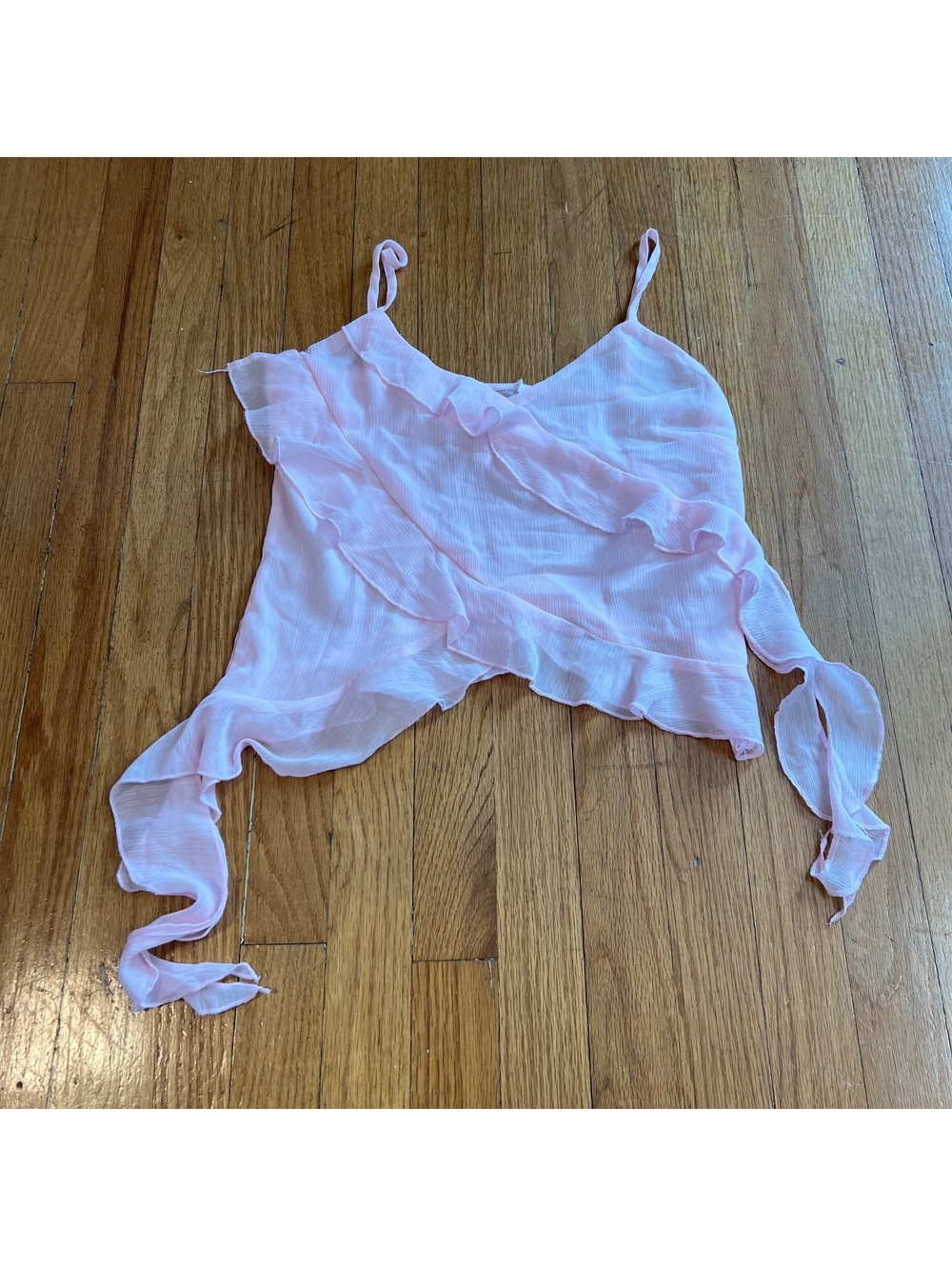 Y2K whimsical flowy ruffle light pink asymmetrical going out top